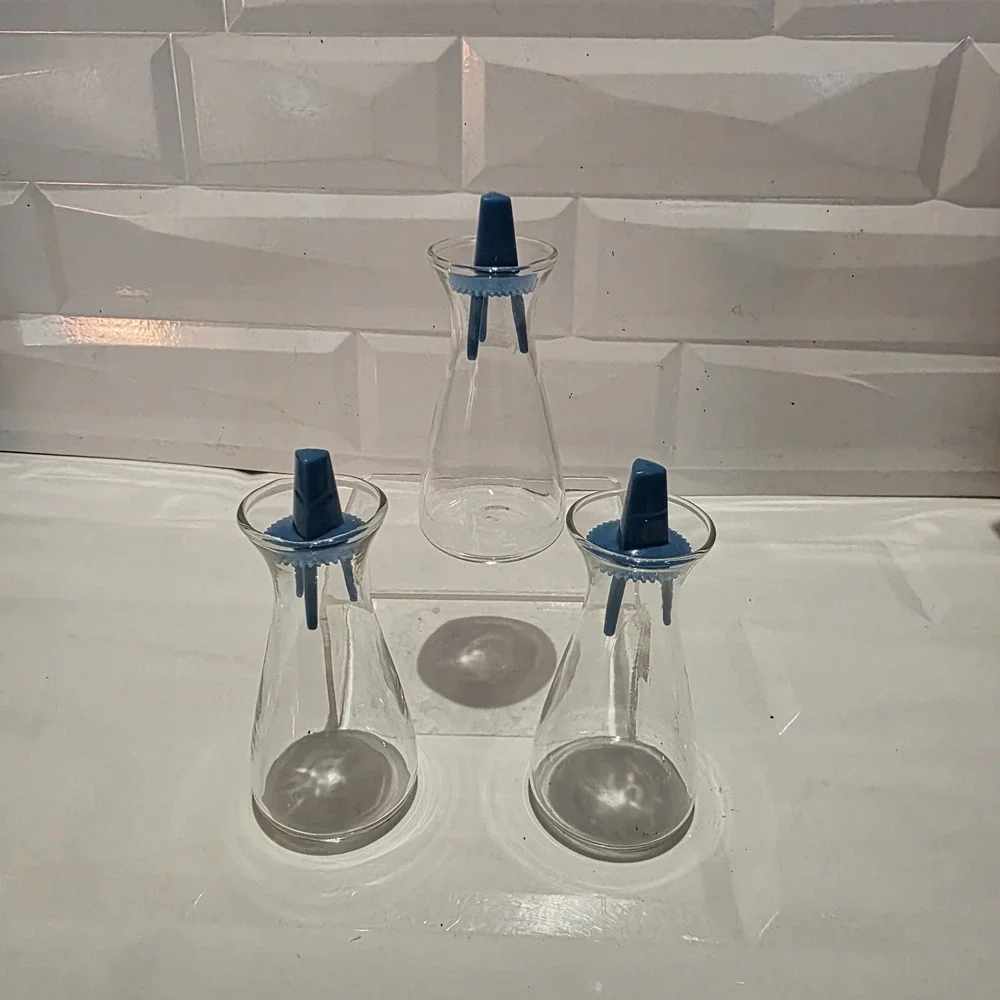 3-Pyrex Corelle MCM Clear Salt & Pepper Shakers 1970's Glass Vintage Blue Tops